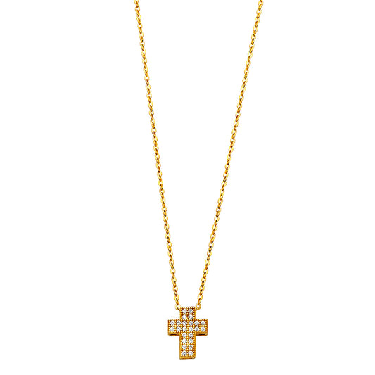 Gold cross necklace on a white background available on the TX.ORO website.