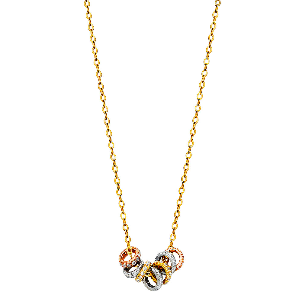 Gold necklace with interlocking rings on a white background available on the TX.ORO website.