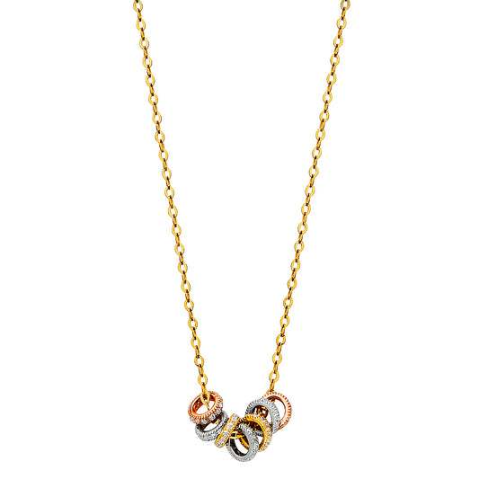 Gold necklace with interlocking rings on a white background available on the TX.ORO website.