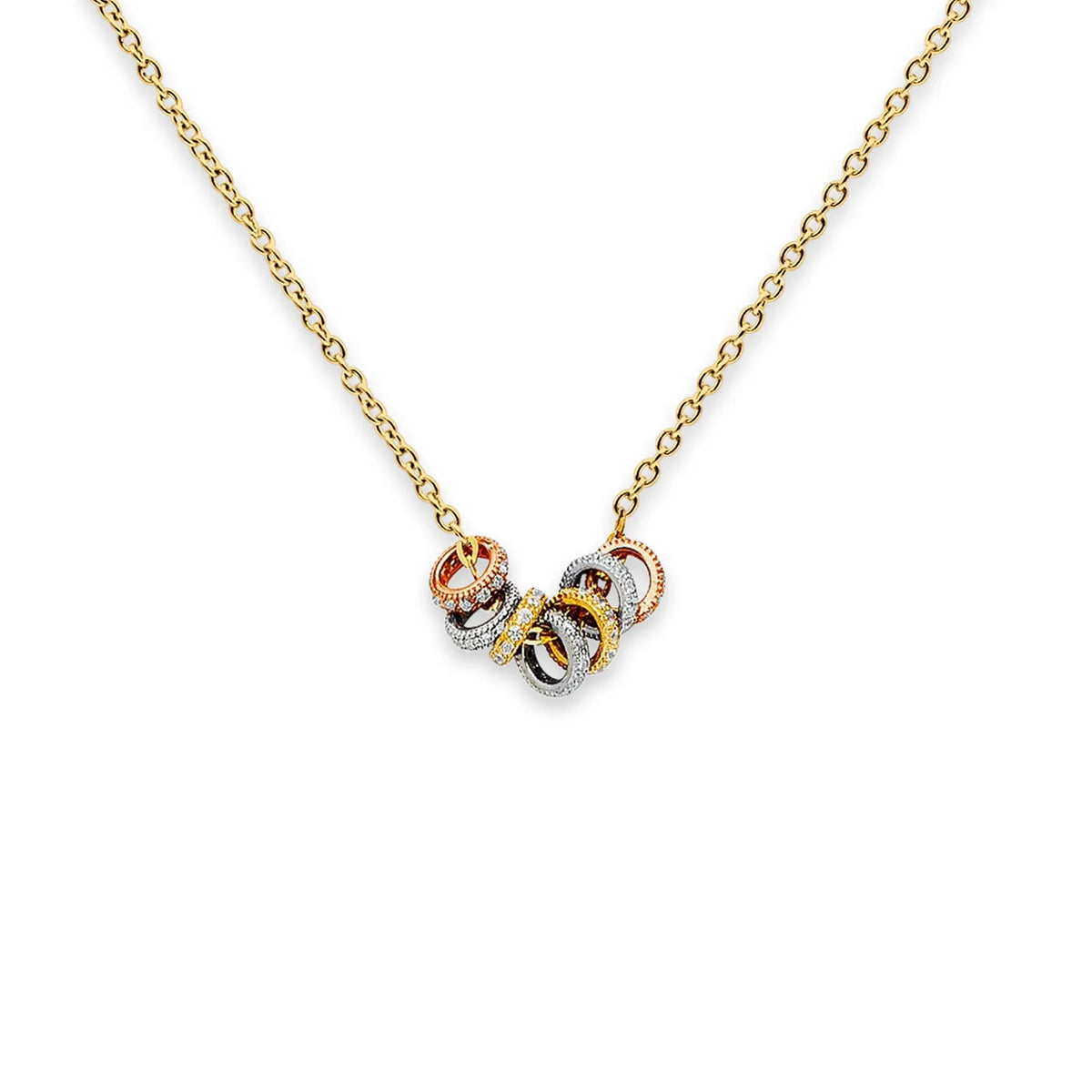 Necklace with interlocking rings in gold, silver, and rose gold on a white background available on the TX.ORO website.