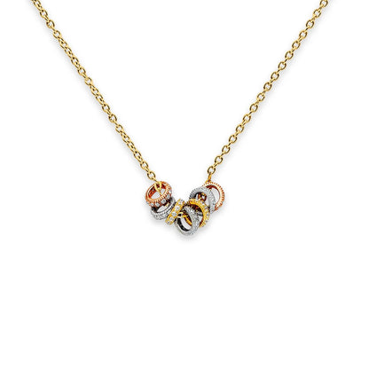 Necklace with interlocking rings in gold, silver, and rose gold on a white background available on the TX.ORO website.