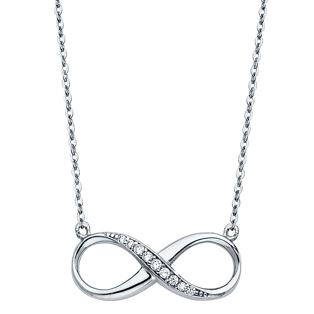 Silver infinity necklace with small diamonds on a white background available on the TX.ORO website.