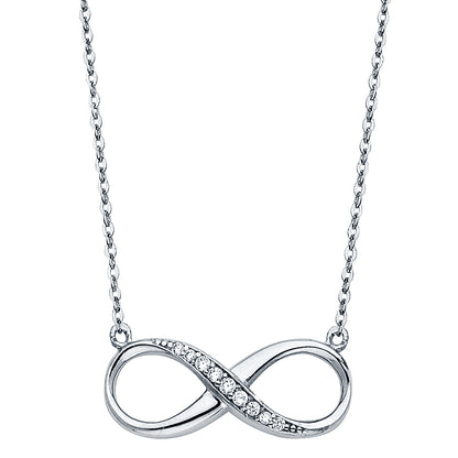 Silver infinity necklace with small diamonds on a white background available on the TX.ORO website.