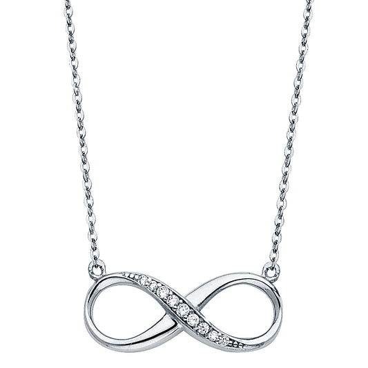 Silver infinity necklace with small diamonds on a white background available on the TX.ORO website.