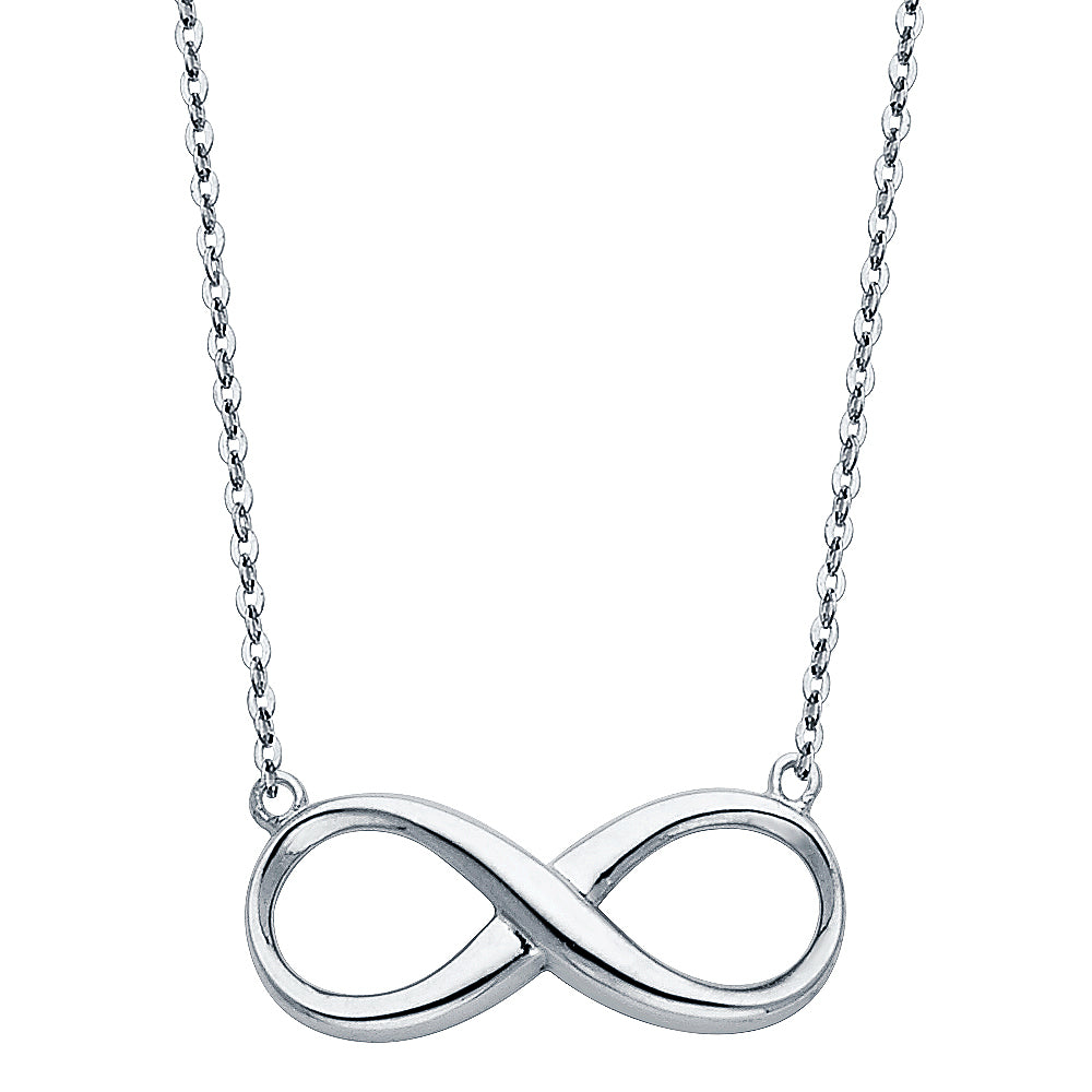 Silver infinity necklace on a white background available on the TX.ORO website.