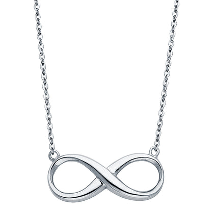 Silver infinity necklace on a white background available on the TX.ORO website.