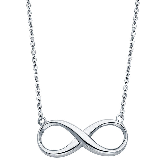 Silver infinity necklace on a white background available on the TX.ORO website.
