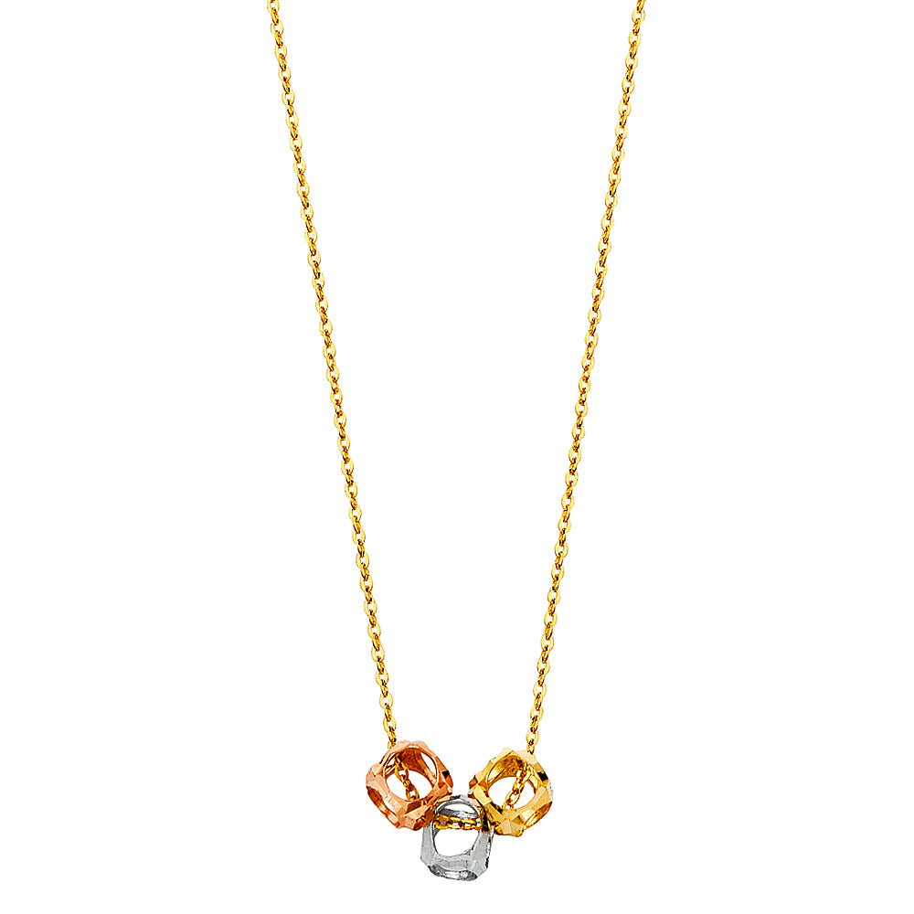 Gold necklace with three interlocking rings on a white background available on the TX.ORO website.
