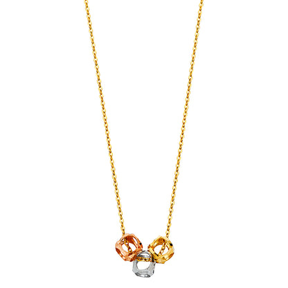 Gold necklace with three interlocking rings on a white background available on the TX.ORO website.