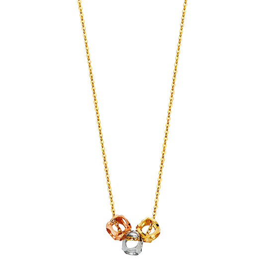 Gold necklace with three interlocking rings on a white background available on the TX.ORO website.