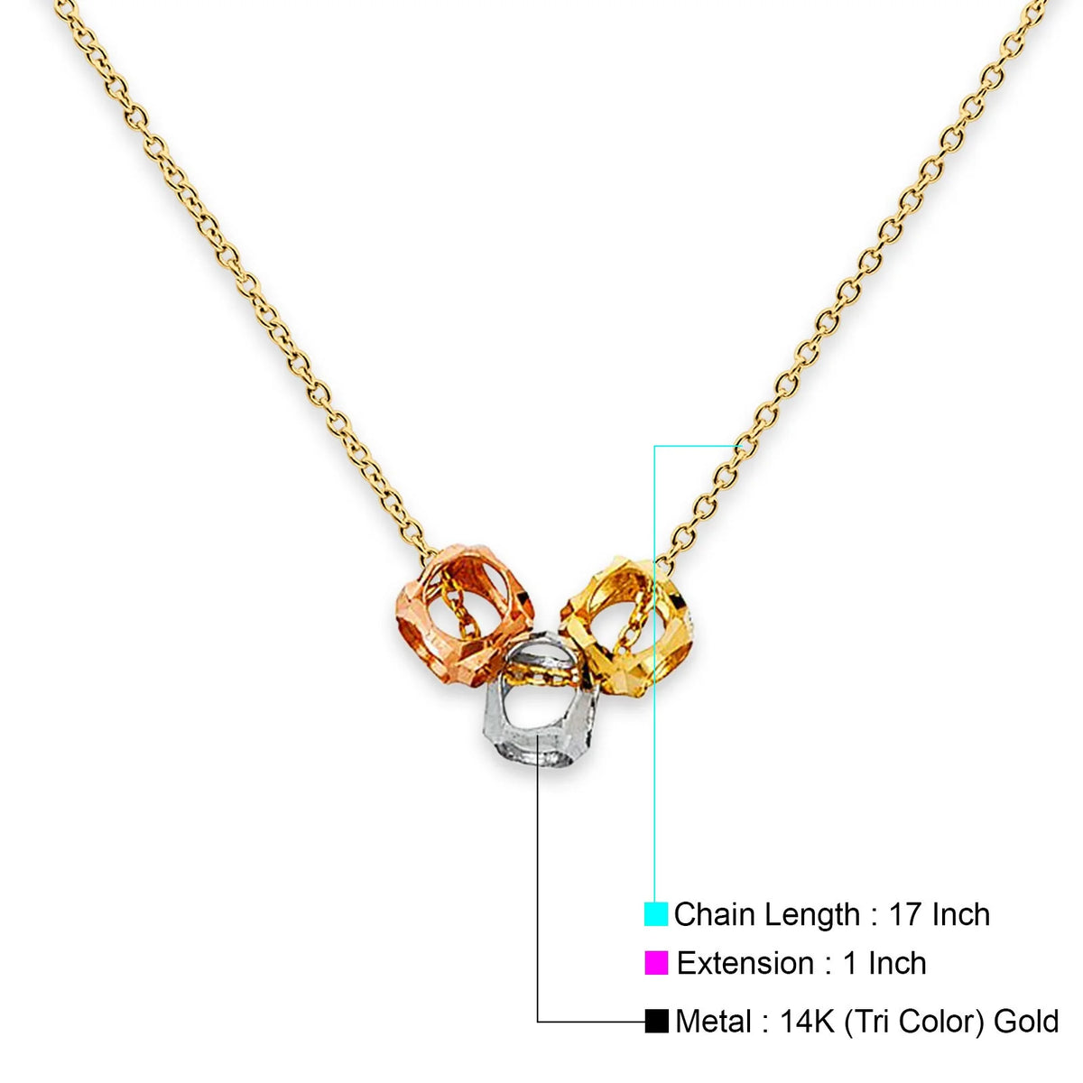 Gold necklace with three interlocking rings on a white background available on the TX.ORO website.