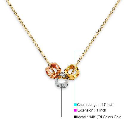 Gold necklace with three interlocking rings on a white background available on the TX.ORO website.