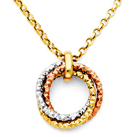Gold, silver, and rose gold circular pendant on a chain against a white background available on the TX.ORO website.