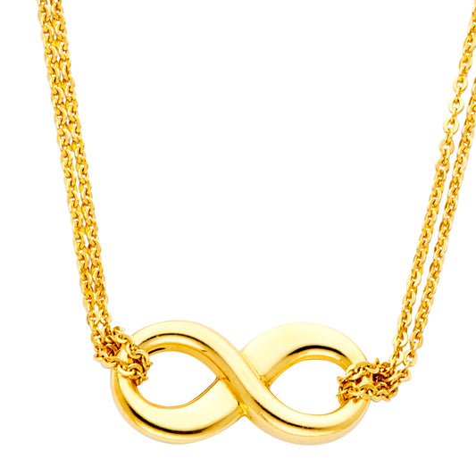 Gold infinity necklace on a white background available on the TX.ORO website.