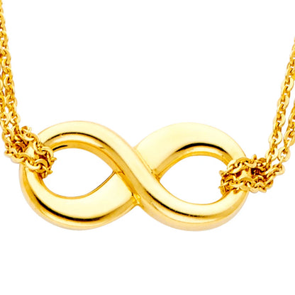 Gold infinity necklace on a white background available on the TX.ORO website.