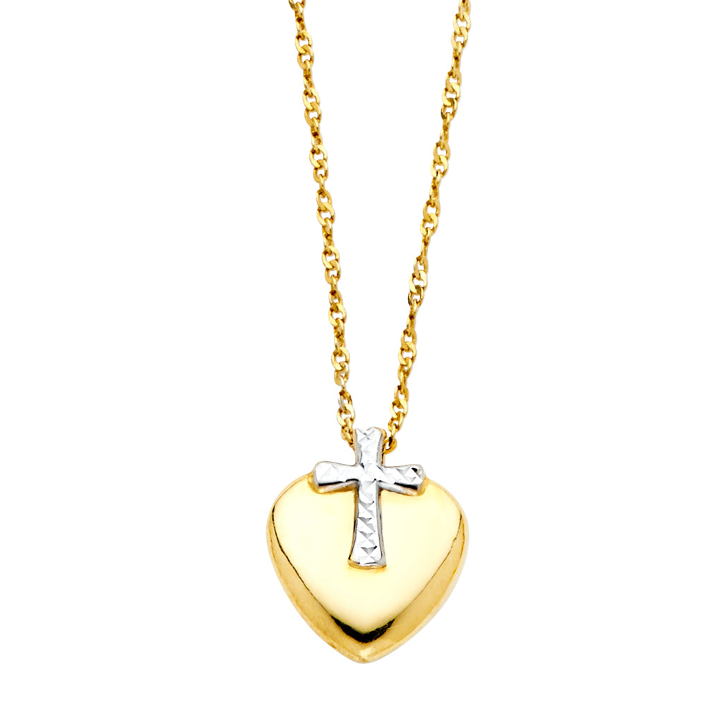 14K Two-Tone Gold Cross Heart Religious Love Symbol Necklace