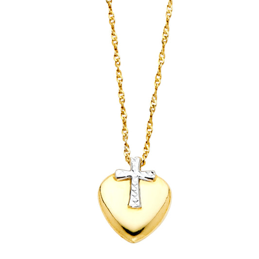 14K Two-Tone Gold Cross Heart Religious Love Symbol Necklace