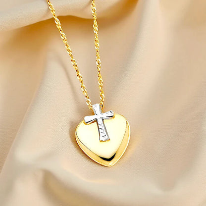 14K Two-Tone Gold Cross Heart Religious Love Symbol Necklace