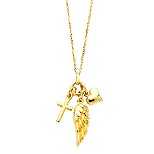 Gold necklace with cross, angel wing, and heart charms on a white background available on the TX.ORO website.