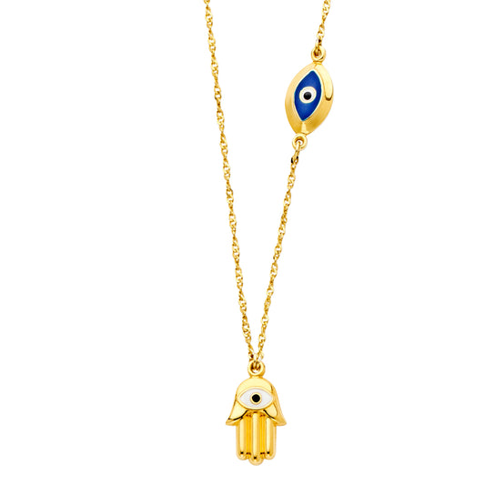 14K Yellow Gold Hamsa Hand & Evil Eye Protection Necklace
