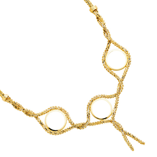Gold necklace with circular links on a white background available on the TX.ORO website.