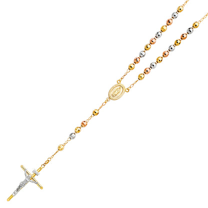 14K Tri-Color Gold 6mm Ball Rosary Necklace for Women & Men - 26" Long Beaded Religious Chain
