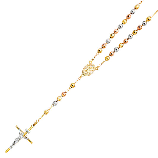 14K Tri-Color Gold 6mm Ball Rosary Necklace for Women & Men - 26" Long Beaded Religious Chain