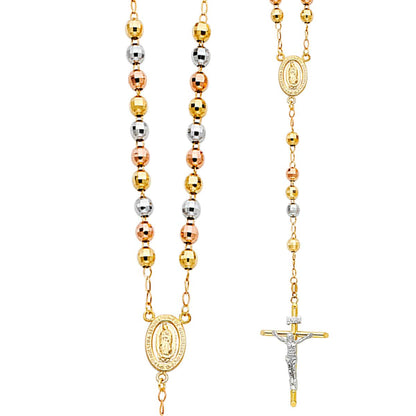 14K Tri-Color Gold 6mm Ball Rosary Necklace for Women & Men - 26" Long Beaded Religious Chain