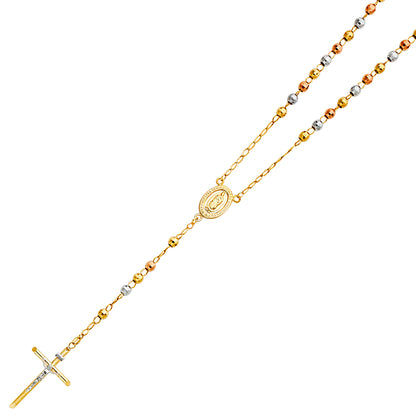 14K Tri-Color Gold 5mm Unisex Disco Ball Beaded Religious Rosary Chain Necklace - 26"