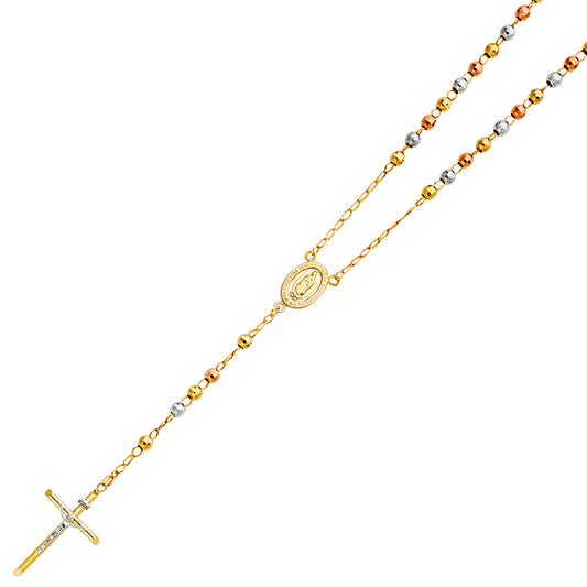 14K Tri-Color Gold 5mm Unisex Disco Ball Beaded Religious Rosary Chain Necklace - 26"