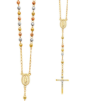 14K Tri-Color Gold 5mm Unisex Disco Ball Beaded Religious Rosary Chain Necklace - 26"