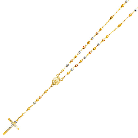 14K Tri-Color Gold 4mm Disco Ball Beaded Rosary Chain Necklace - 26"