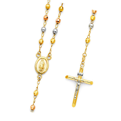 14K Tri-Color Gold 4mm Disco Ball Beaded Rosary Chain Necklace - 26"