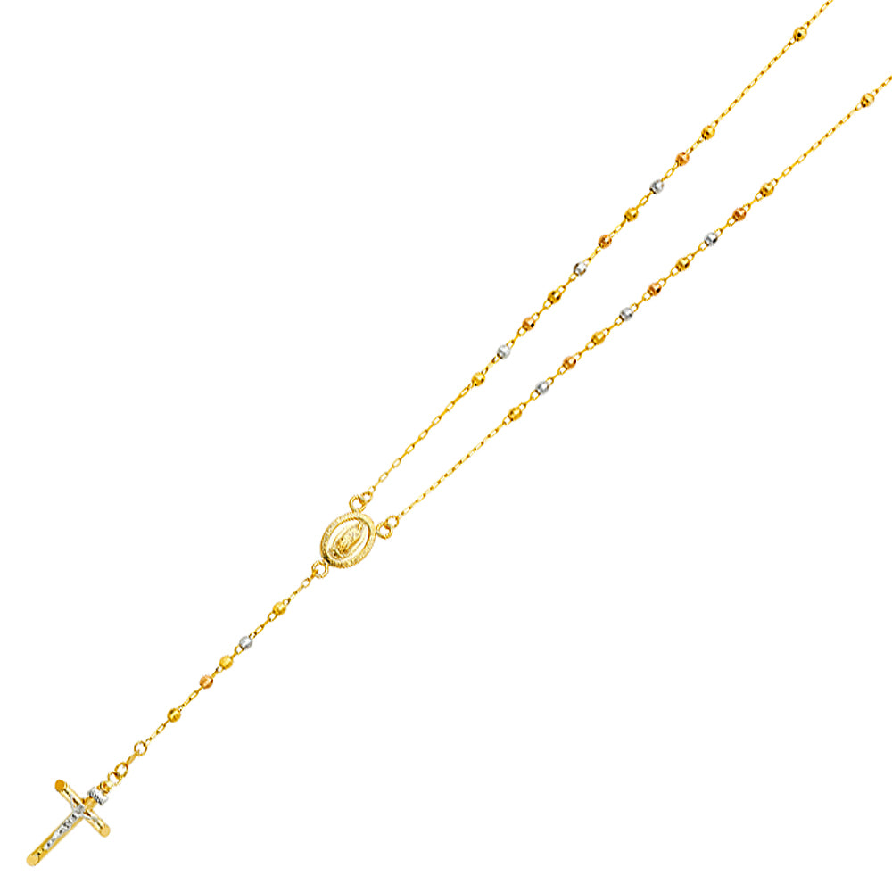 14K Tri-Color Gold 3mm Religious Cross Disco Beaded Ball Rosary Chain Necklace - 26″