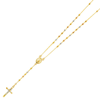 14K Tri-Color Gold 3mm Religious Cross Disco Beaded Ball Rosary Chain Necklace - 26″