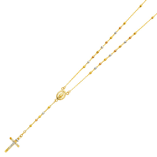 14K Tri-Color Gold 3mm Religious Cross Disco Beaded Ball Rosary Chain Necklace - 26″
