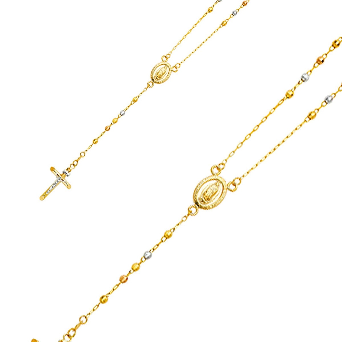 14K Tri-Color Gold 3mm Religious Cross Disco Beaded Ball Rosary Chain Necklace - 26″