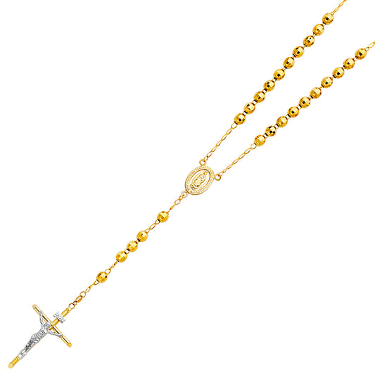 14K Yellow Gold 6mm Religious Cross Beaded Ball Rosary Chain Necklace - 26"