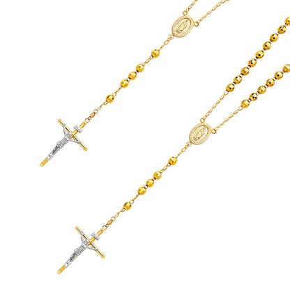 14K Yellow Gold 6mm Religious Cross Beaded Ball Rosary Chain Necklace - 26"