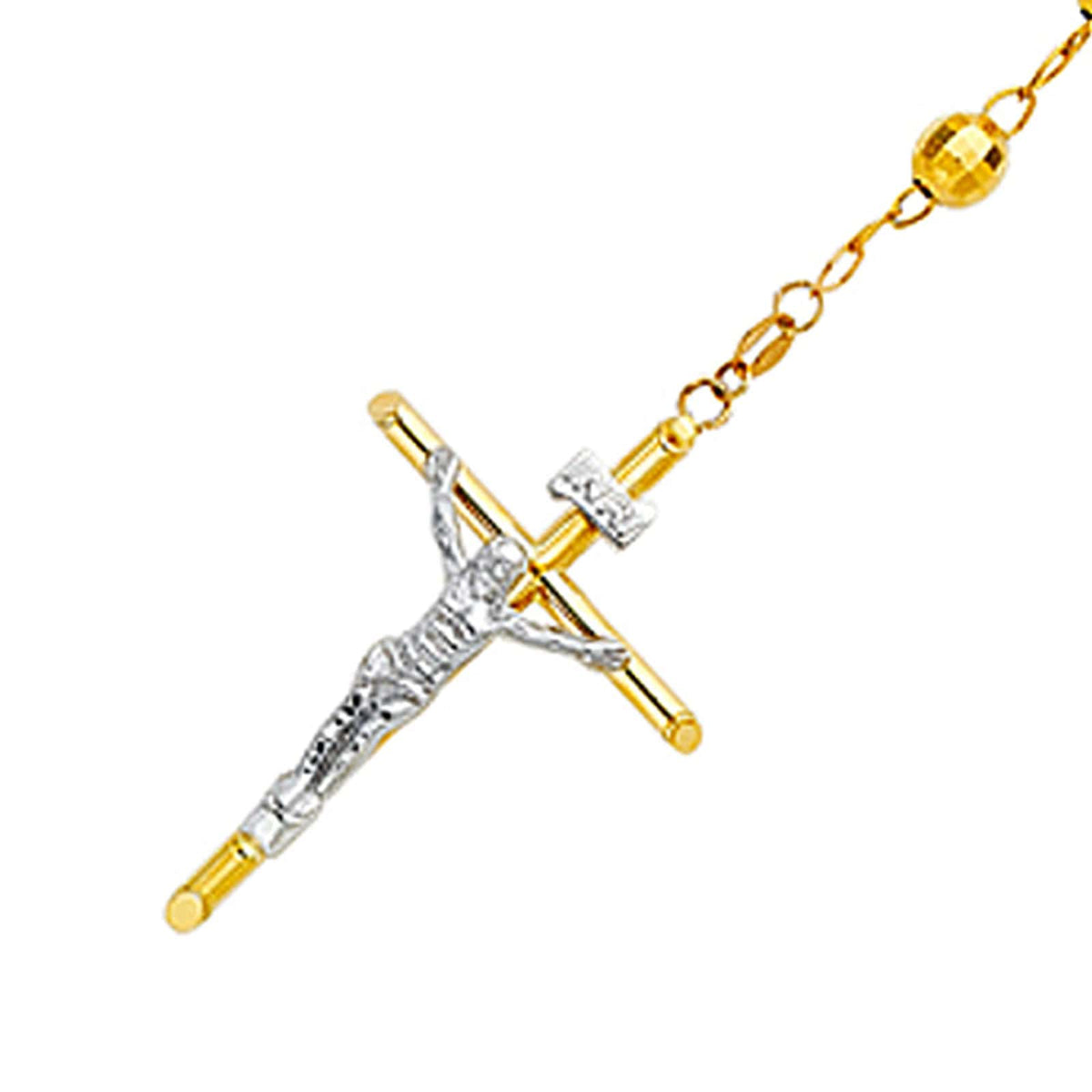 14K Yellow Gold 6mm Religious Cross Beaded Ball Rosary Chain Necklace - 26"