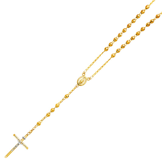 14K Yellow Gold 5mm Religious Cross Beaded Ball Rosary Chain Necklace - 26"