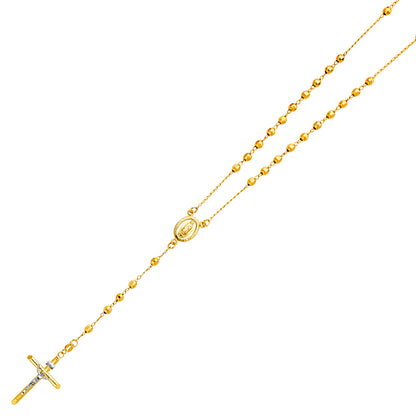 14K Yellow Gold 4mm Unisex Religious Crucifix Beaded Ball Rosary Chain Necklace - 26"