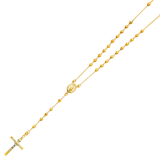 14K Yellow Gold 4mm Unisex Religious Crucifix Beaded Ball Rosary Chain Necklace - 26"