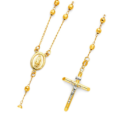 14K Yellow Gold 4mm Unisex Religious Crucifix Beaded Ball Rosary Chain Necklace - 26"