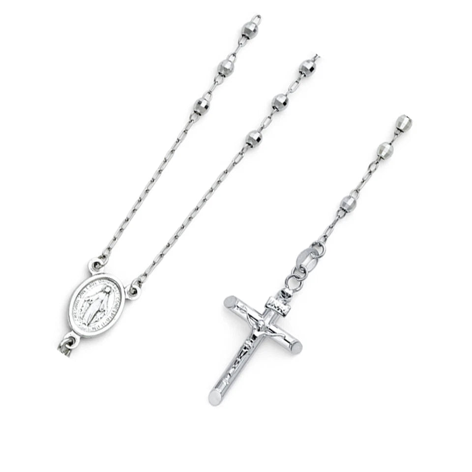 Silver rosary necklace with a cross pendant on a white background availabe on TX.ORO website.