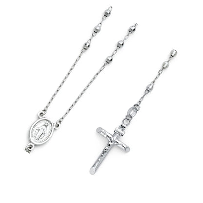 Silver rosary necklace with a cross pendant on a white background availabe on TX.ORO website.