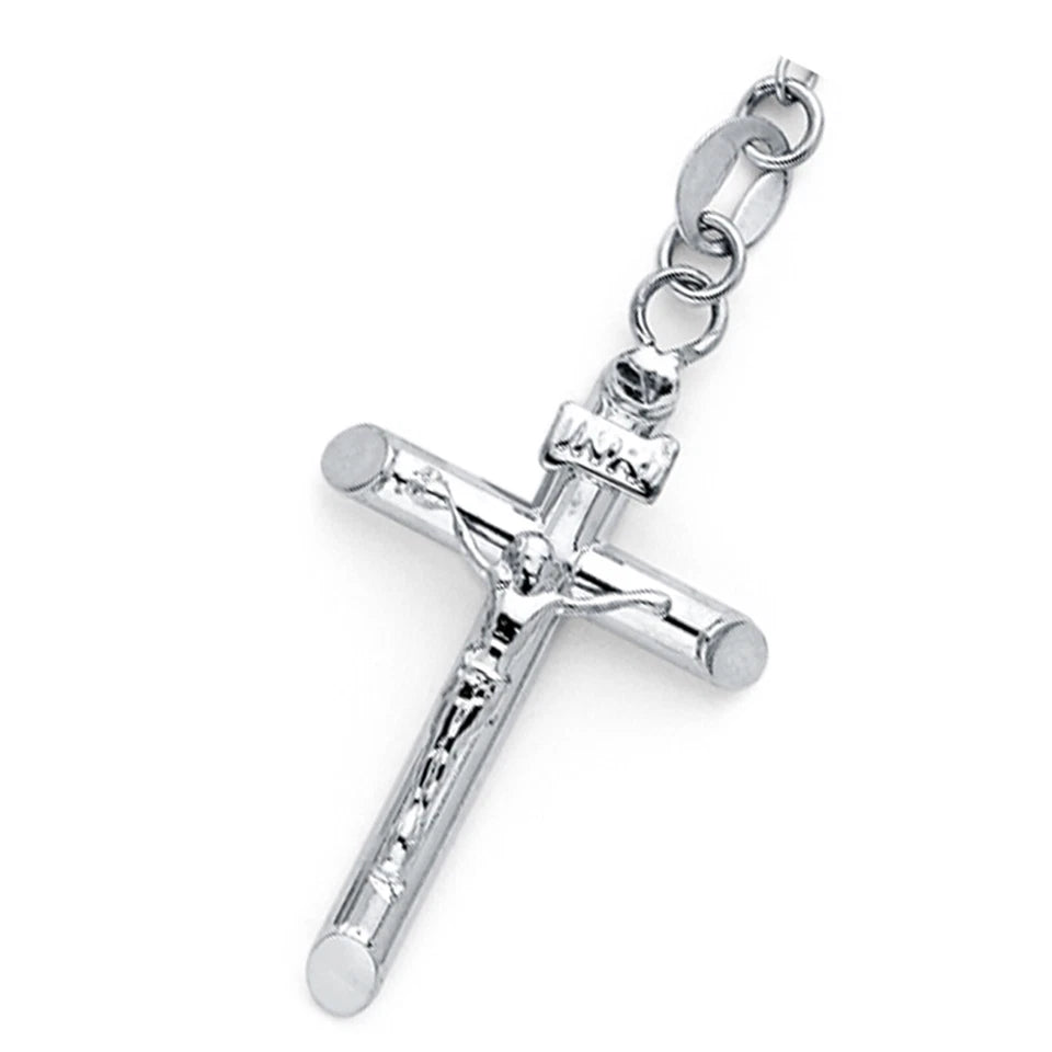 Silver cross pendant on a white background availabe on TX.ORO website.