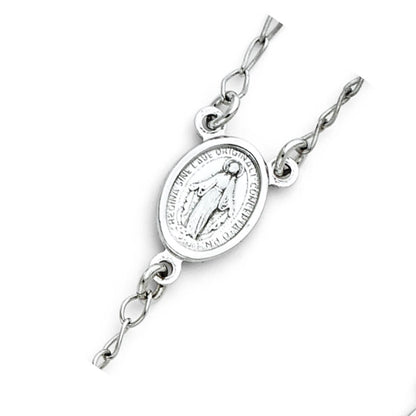 Silver bracelet with a religious pendant on a white background availabe on TX.ORO website.