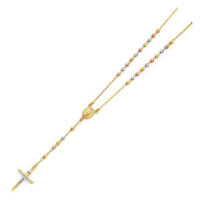 14K Tri-Color Gold Rosary Necklace with Crucifix – 26" Catholic Beaded Rosary Chain