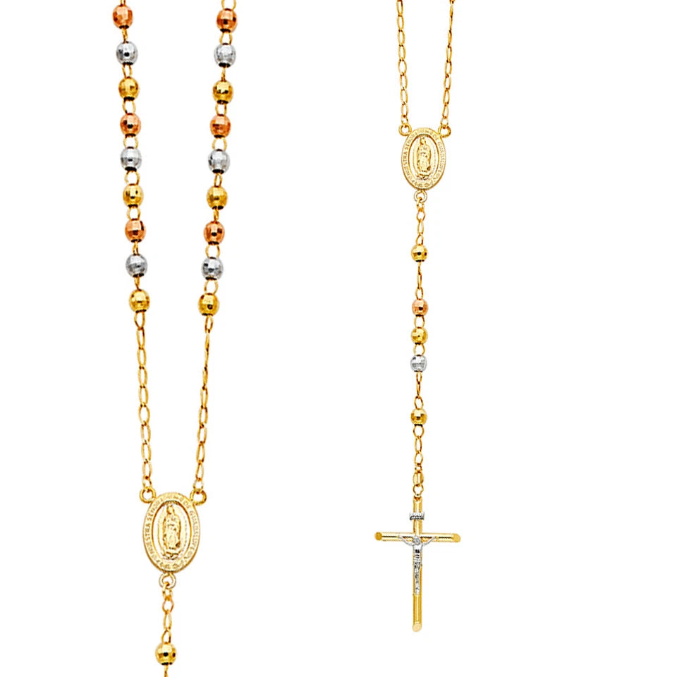 14K Tri-Color Gold Rosary Necklace with Crucifix – 26" Catholic Beaded Rosary Chain